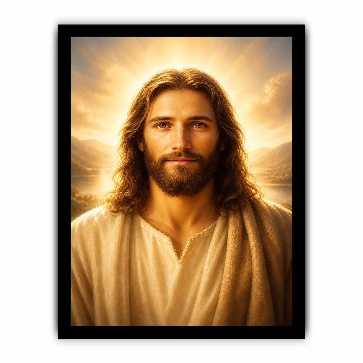 Realistic Jesus portrait wall art with glowing golden heavenly light and peaceful spiritual expression in luxury Christian style