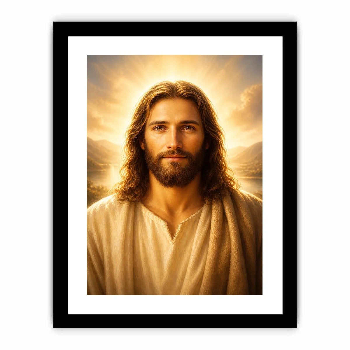 Realistic Jesus portrait wall art with glowing golden heavenly light and peaceful spiritual expression in luxury Christian style