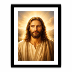Realistic Jesus portrait wall art with glowing golden heavenly light and peaceful spiritual expression in luxury Christian style