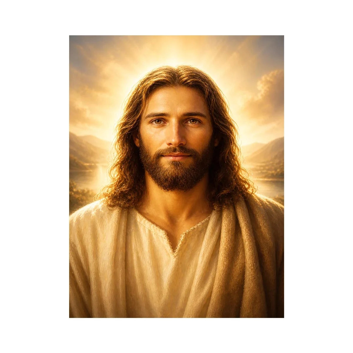 Realistic Jesus portrait wall art with glowing golden heavenly light and peaceful spiritual expression in luxury Christian style