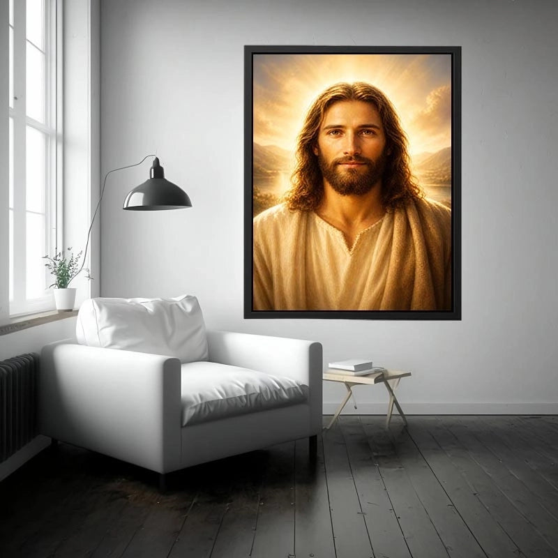 Realistic Jesus portrait wall art with glowing golden heavenly light and peaceful spiritual expression in luxury Christian style