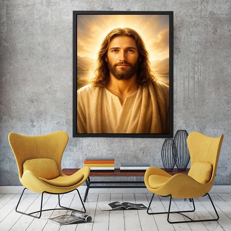 Realistic Jesus portrait wall art with glowing golden heavenly light and peaceful spiritual expression in luxury Christian style