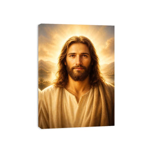Realistic Jesus portrait wall art with glowing golden heavenly light and peaceful spiritual expression in luxury Christian style