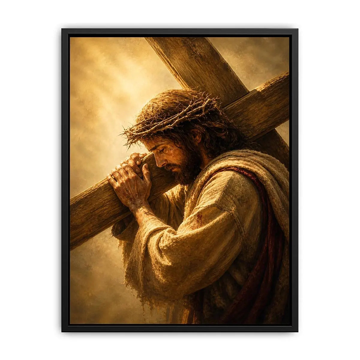 Jesus carrying the cross wall art with crown of thorns and dramatic golden spiritual light in realistic Christian style