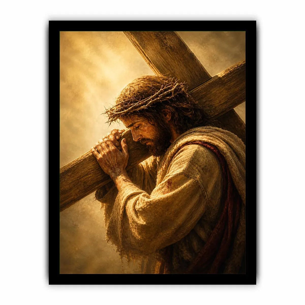 Jesus carrying the cross wall art with crown of thorns and dramatic golden spiritual light in realistic Christian style