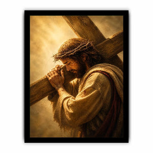 Jesus carrying the cross wall art with crown of thorns and dramatic golden spiritual light in realistic Christian style