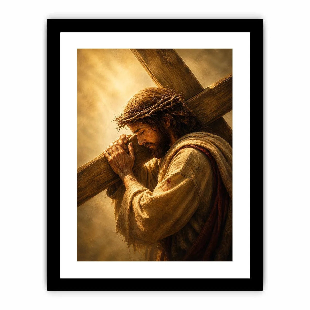 Jesus carrying the cross wall art with crown of thorns and dramatic golden spiritual light in realistic Christian style