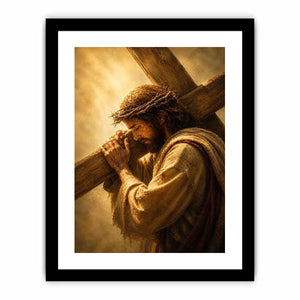 Jesus carrying the cross wall art with crown of thorns and dramatic golden spiritual light in realistic Christian style