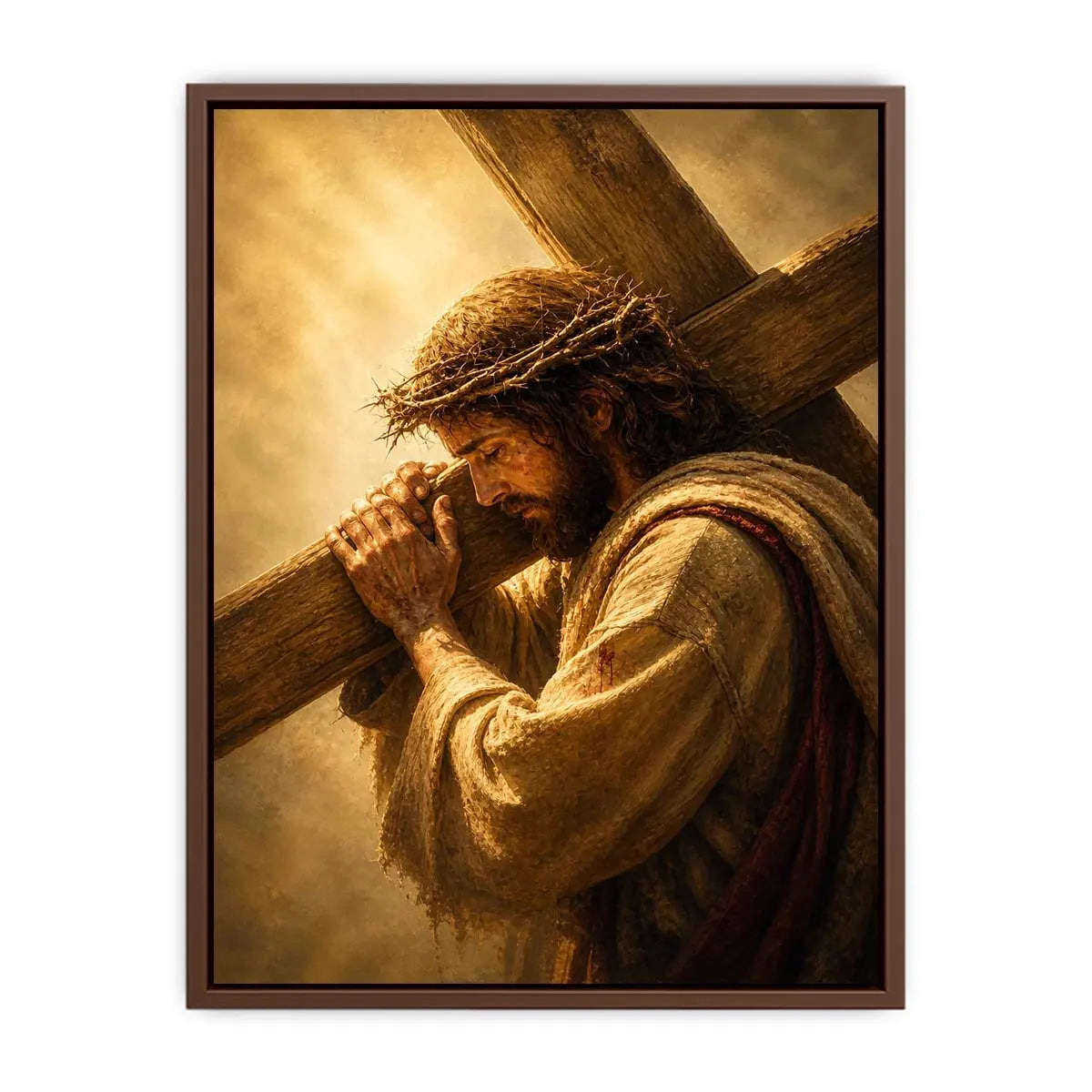 Jesus carrying the cross wall art with crown of thorns and dramatic golden spiritual light in realistic Christian style