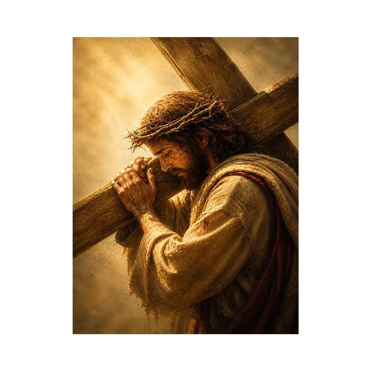 Jesus carrying the cross wall art with crown of thorns and dramatic golden spiritual light in realistic Christian style