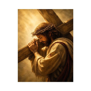 Jesus carrying the cross wall art with crown of thorns and dramatic golden spiritual light in realistic Christian style