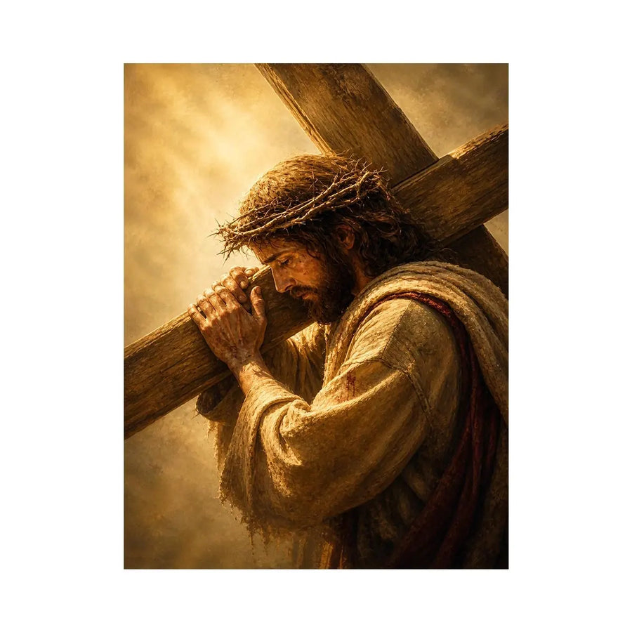 Jesus carrying the cross wall art with crown of thorns and dramatic golden spiritual light in realistic Christian style