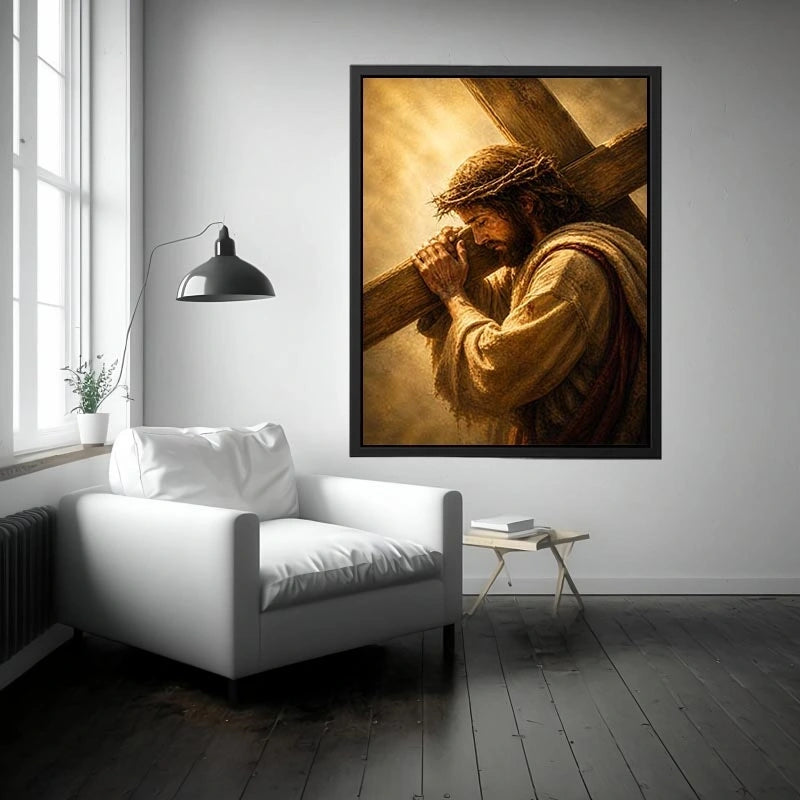 Jesus carrying the cross wall art with crown of thorns and dramatic golden spiritual light in realistic Christian style