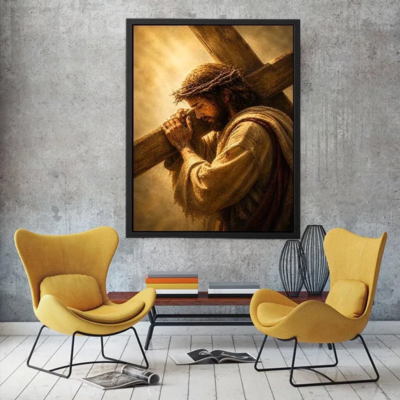 Jesus carrying the cross wall art with crown of thorns and dramatic golden spiritual light in realistic Christian style