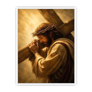 Jesus carrying the cross wall art with crown of thorns and dramatic golden spiritual light in realistic Christian style