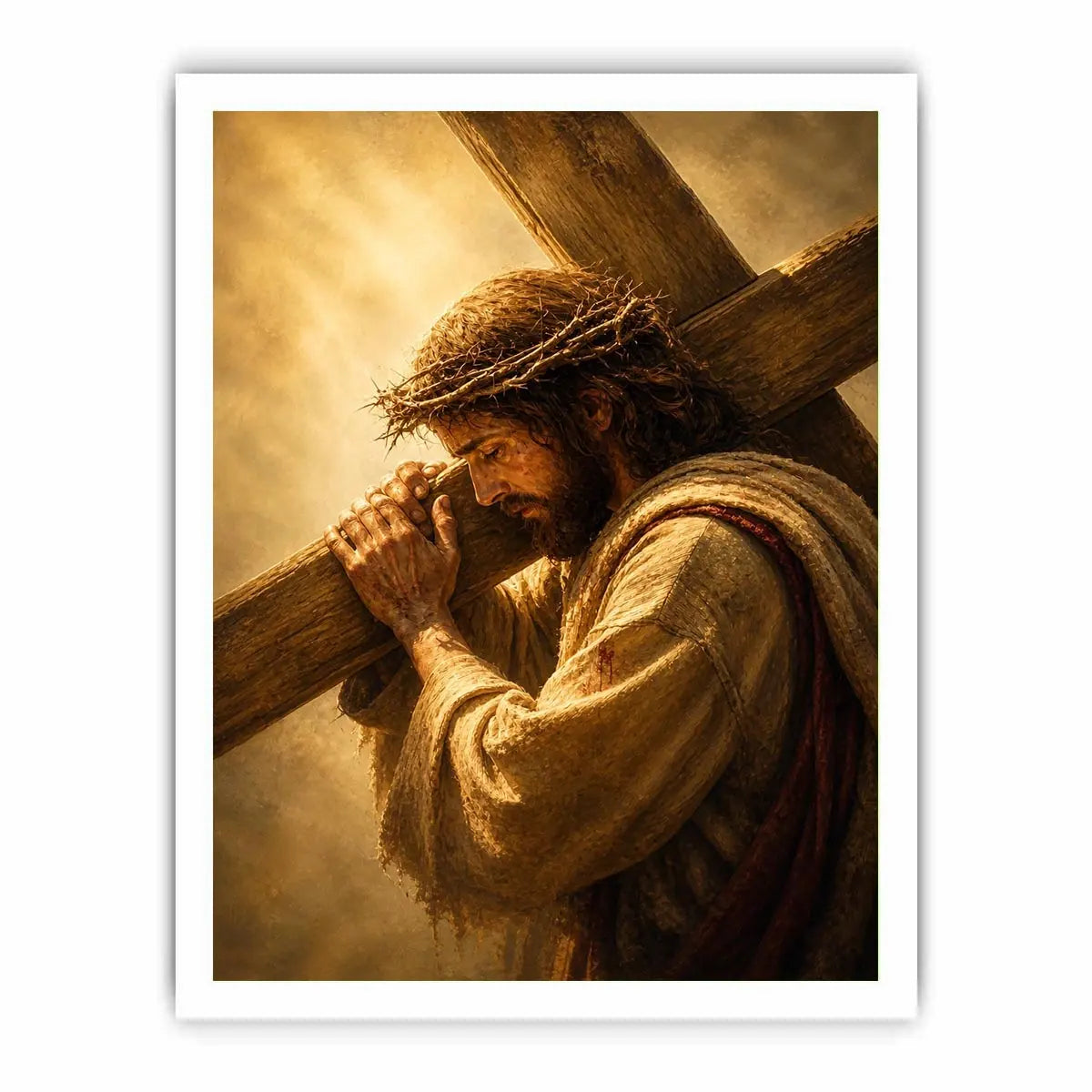Jesus carrying the cross wall art with crown of thorns and dramatic golden spiritual light in realistic Christian style