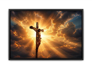 Jesus on the cross illuminated by heavenly golden light with dramatic clouds Christian wall art canvas print
