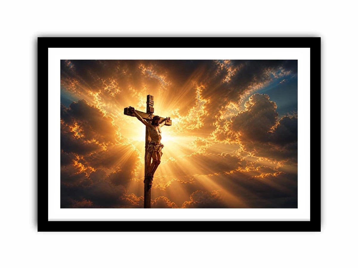 Jesus on the cross illuminated by heavenly golden light with dramatic clouds Christian wall art canvas print