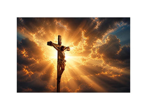 Jesus on the cross illuminated by heavenly golden light with dramatic clouds Christian wall art canvas print