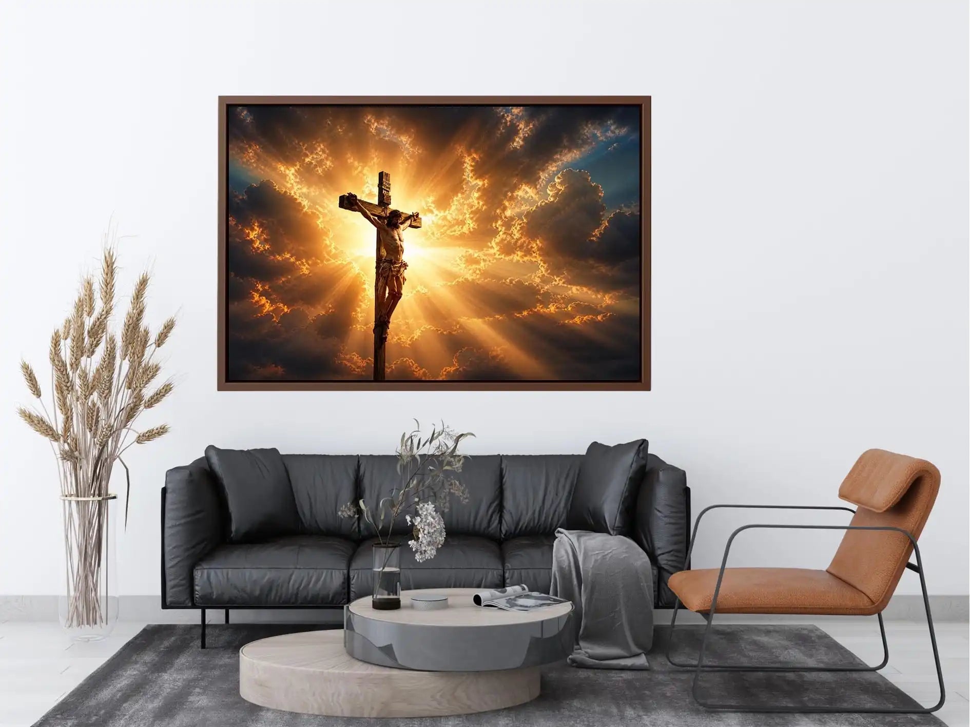 Jesus on the cross illuminated by heavenly golden light with dramatic clouds Christian wall art canvas print