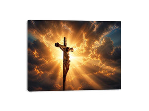 Jesus on the cross illuminated by heavenly golden light with dramatic clouds Christian wall art canvas print