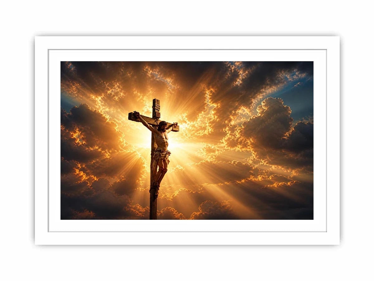 Jesus on the cross illuminated by heavenly golden light with dramatic clouds Christian wall art canvas print