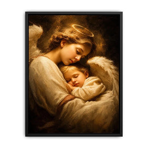 Guardian angel embracing sleeping child with warm golden light spiritual canvas wall art