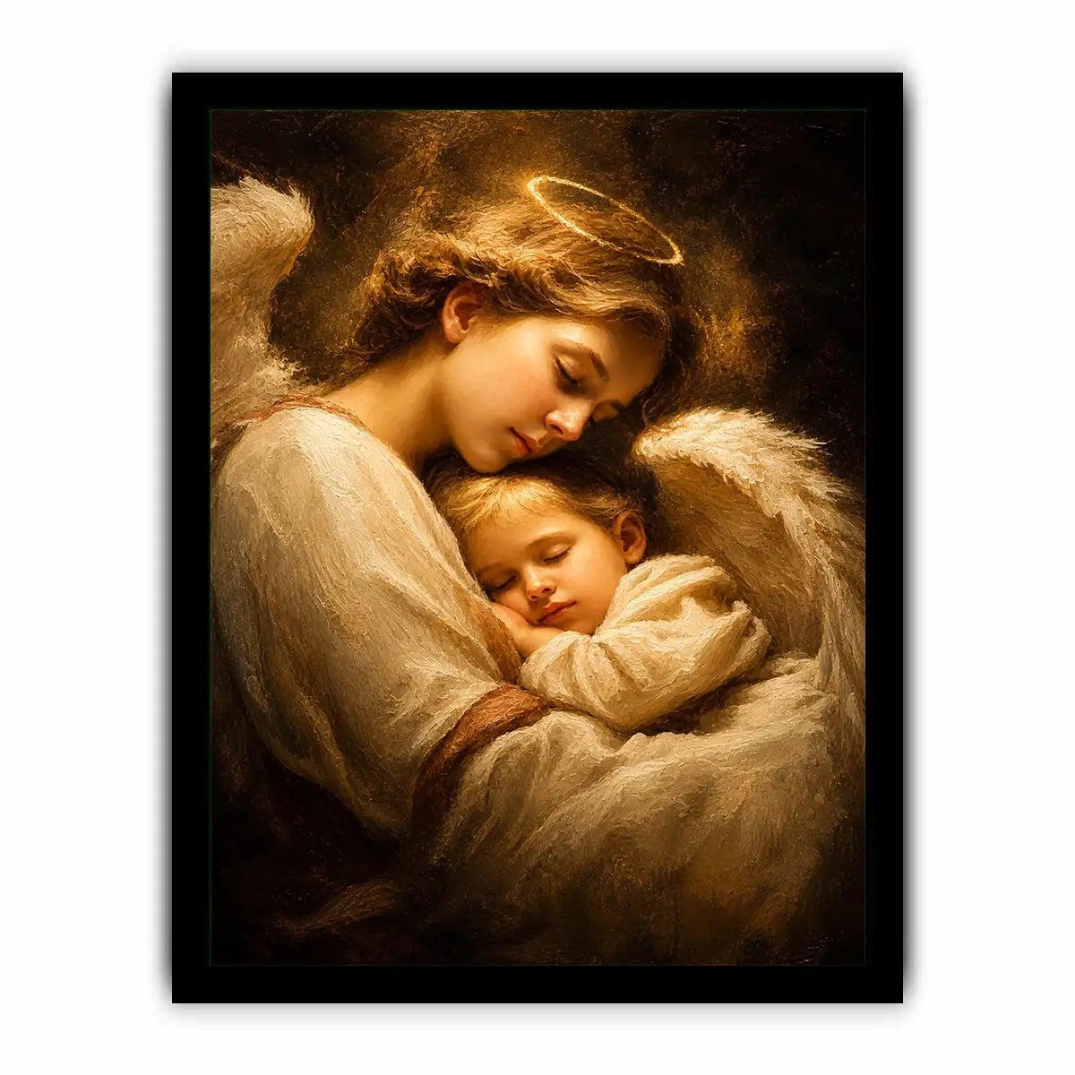 Guardian angel embracing sleeping child with warm golden light spiritual canvas wall art