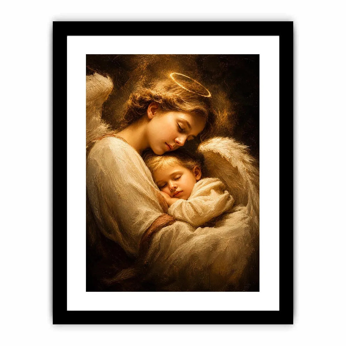 Guardian angel embracing sleeping child with warm golden light spiritual canvas wall art