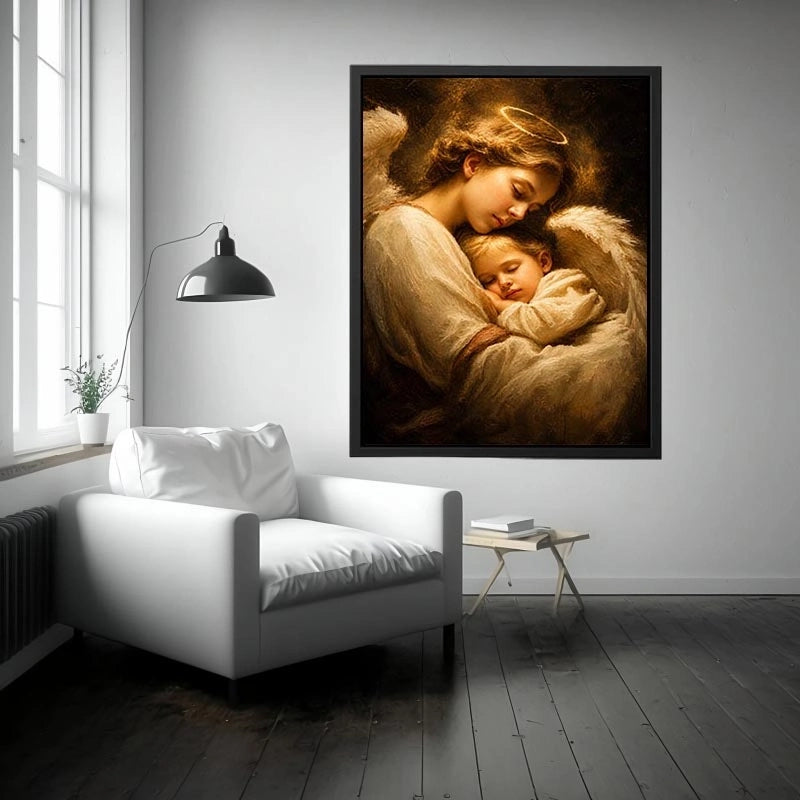 Guardian angel embracing sleeping child with warm golden light spiritual canvas wall art