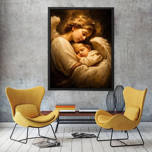 Guardian angel embracing sleeping child with warm golden light spiritual canvas wall art