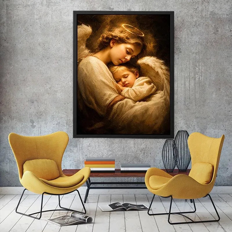 Guardian angel embracing sleeping child with warm golden light spiritual canvas wall art