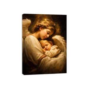 Guardian angel embracing sleeping child with warm golden light spiritual canvas wall art