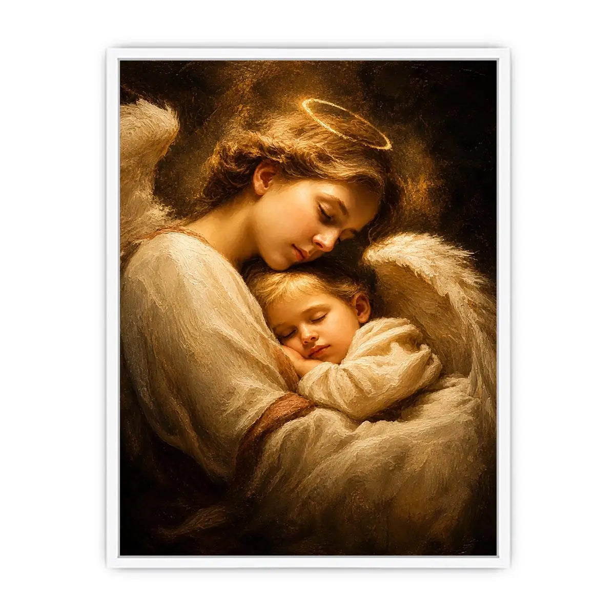 Guardian angel embracing sleeping child with warm golden light spiritual canvas wall art