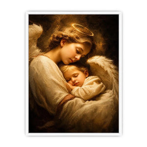 Guardian angel embracing sleeping child with warm golden light spiritual canvas wall art