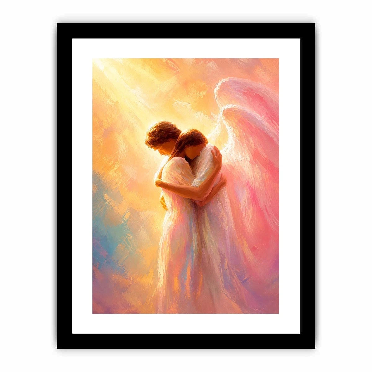 Ethereal angel embracing woman in radiant pastel light spiritual canvas wall art