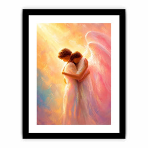 Ethereal angel embracing woman in radiant pastel light spiritual canvas wall art