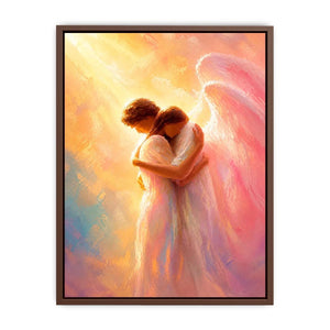 Ethereal angel embracing woman in radiant pastel light spiritual canvas wall art