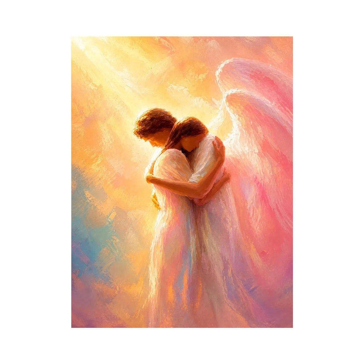 Ethereal angel embracing woman in radiant pastel light spiritual canvas wall art