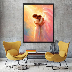 Ethereal angel embracing woman in radiant pastel light spiritual canvas wall art