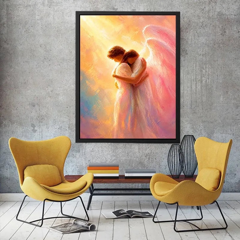 Ethereal angel embracing woman in radiant pastel light spiritual canvas wall art