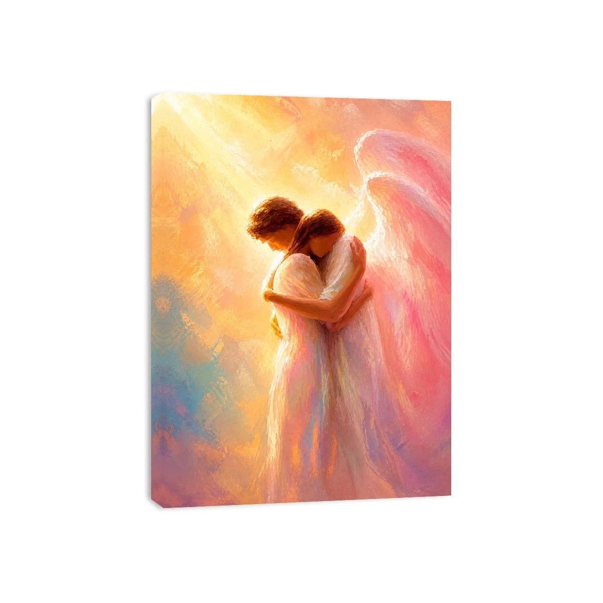 Ethereal angel embracing woman in radiant pastel light spiritual canvas wall art