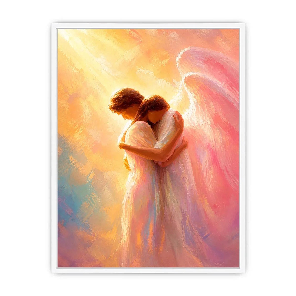 Ethereal angel embracing woman in radiant pastel light spiritual canvas wall art