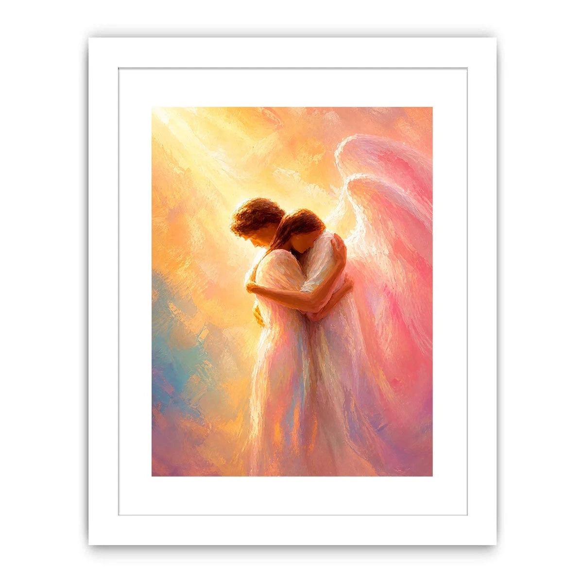Ethereal angel embracing woman in radiant pastel light spiritual canvas wall art