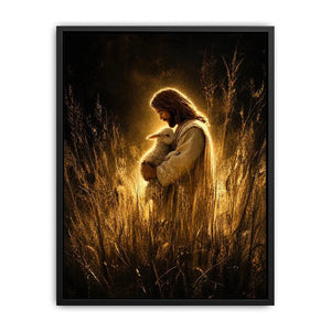 Jesus holding lamb in glowing golden field Christian spiritual wall art canvas print