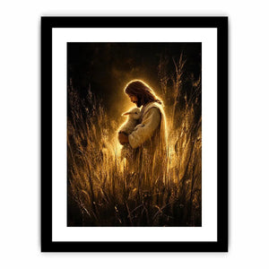 Jesus holding lamb in glowing golden field Christian spiritual wall art canvas print