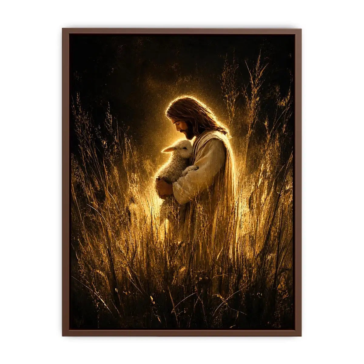 Jesus holding lamb in glowing golden field Christian spiritual wall art canvas print
