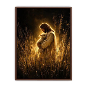 Jesus holding lamb in glowing golden field Christian spiritual wall art canvas print
