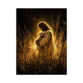 Jesus holding lamb in glowing golden field Christian spiritual wall art canvas print
