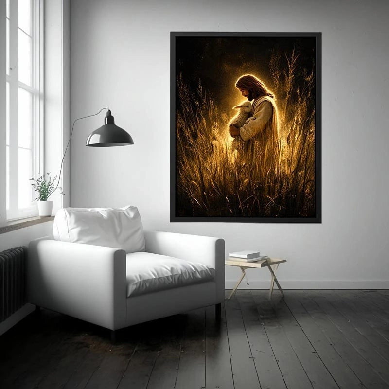 Jesus holding lamb in glowing golden field Christian spiritual wall art canvas print
